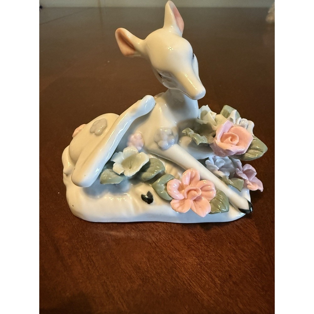 Vintage Porcelain Deer Figurine Floral Hand Painted Cottage Decor